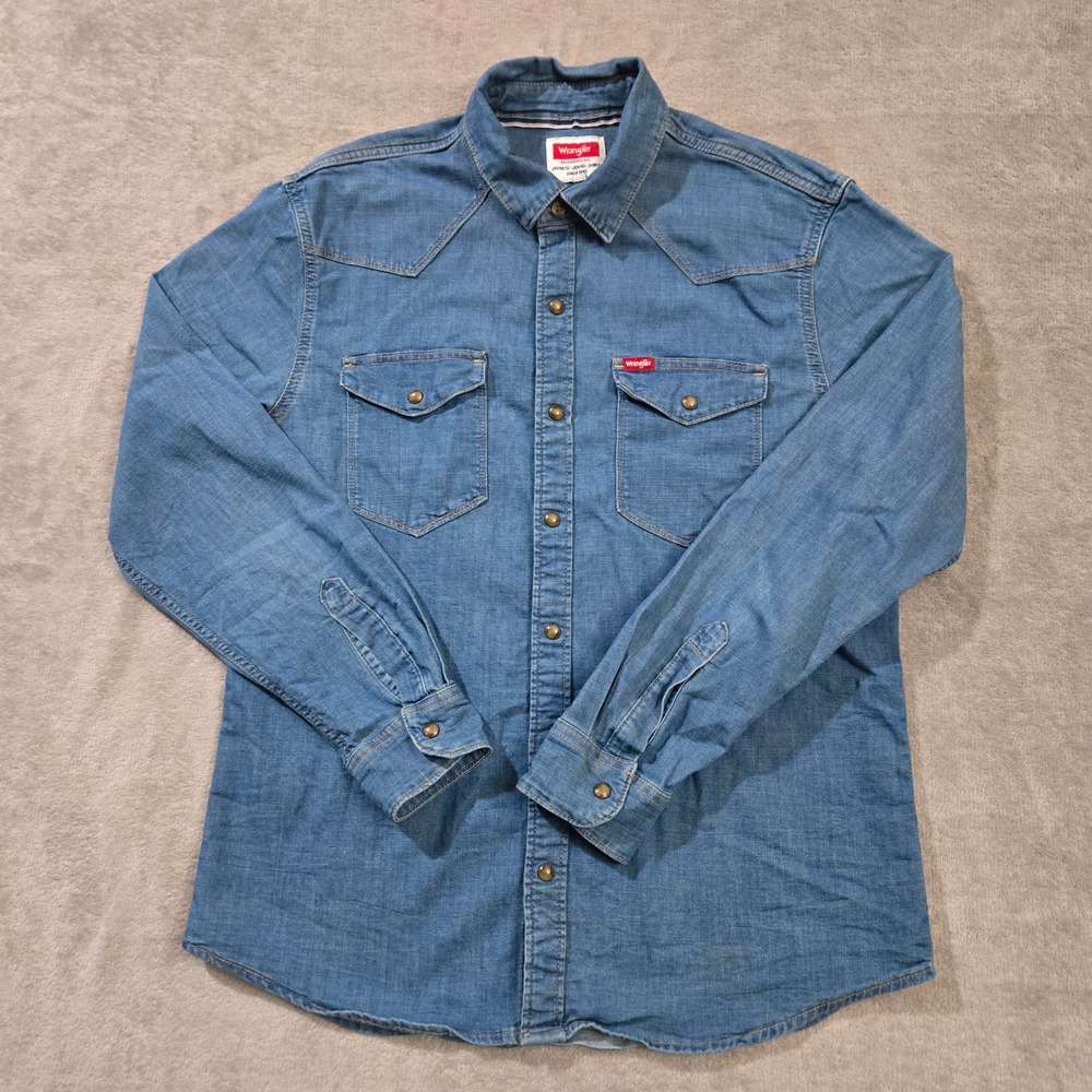 Wrangler Denim Pearl Snap Shirt Womens Medium Western Cowgirl Workwear Rodeo